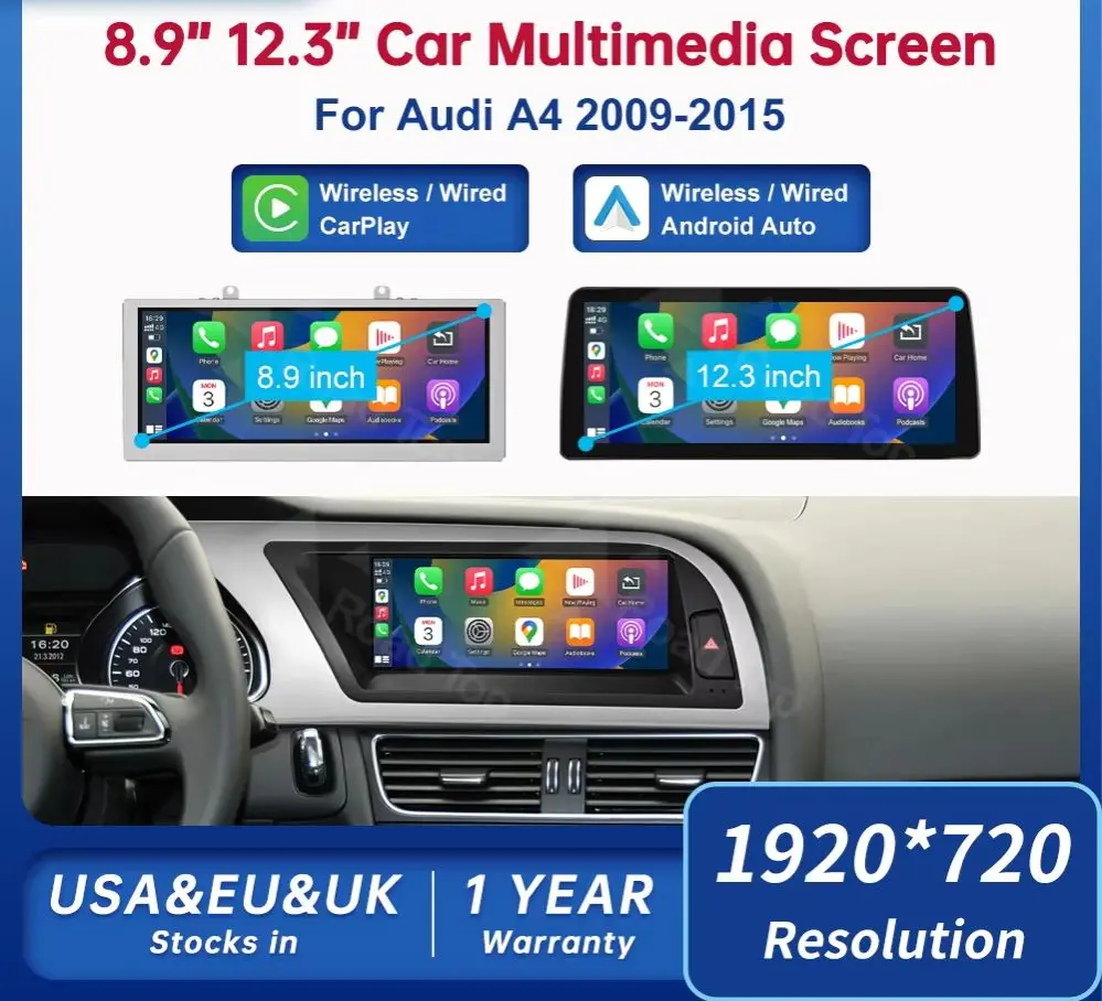 

CN Road Top 8.9 12.3'' Touch Screen Multimedia Player Andriod Auto Link For Audi A4 S4 B8 2009-2015 GPS Carplay Display Car Play