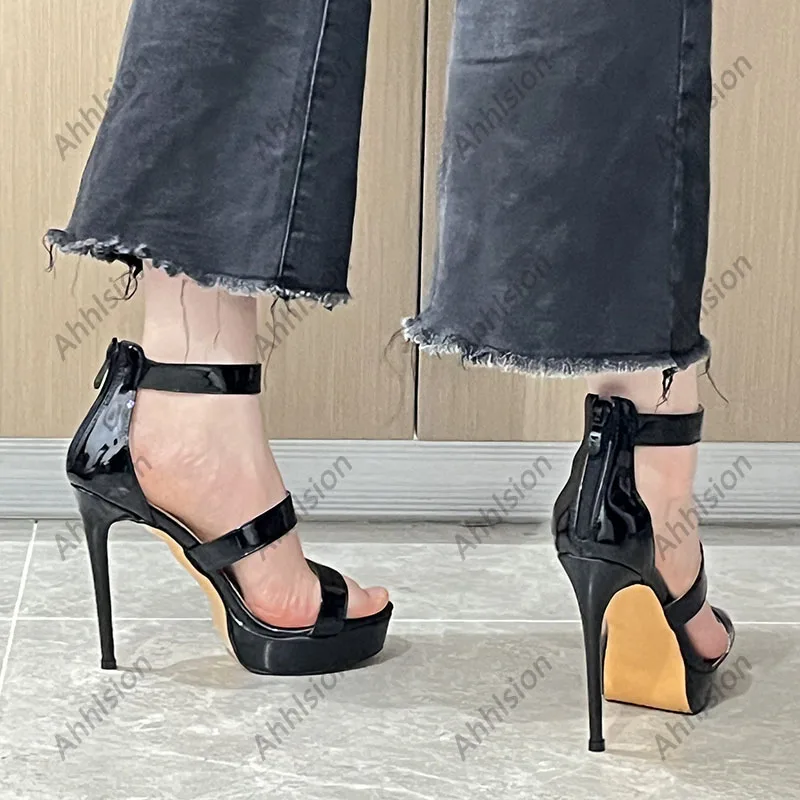 Ahhlsion Handmade Women Summer Sandals Sexy Stiletto Heels Rounud Toe Elegant Black Casual Shoes Ladies US Size 5-20