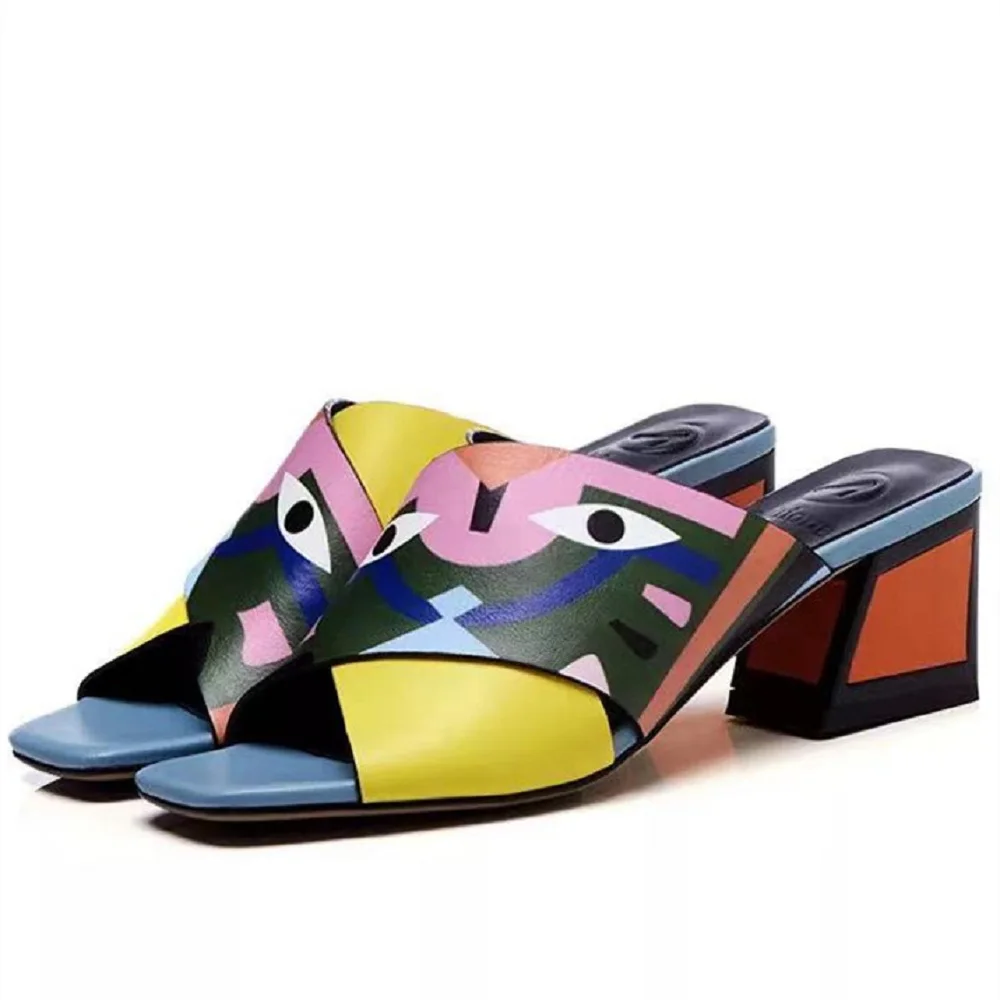 【JOCHEBED HU】Graffiti woman slippers mixed colors peep toe shoes for women mid heels summer sandals eyes printed fashion 33-43