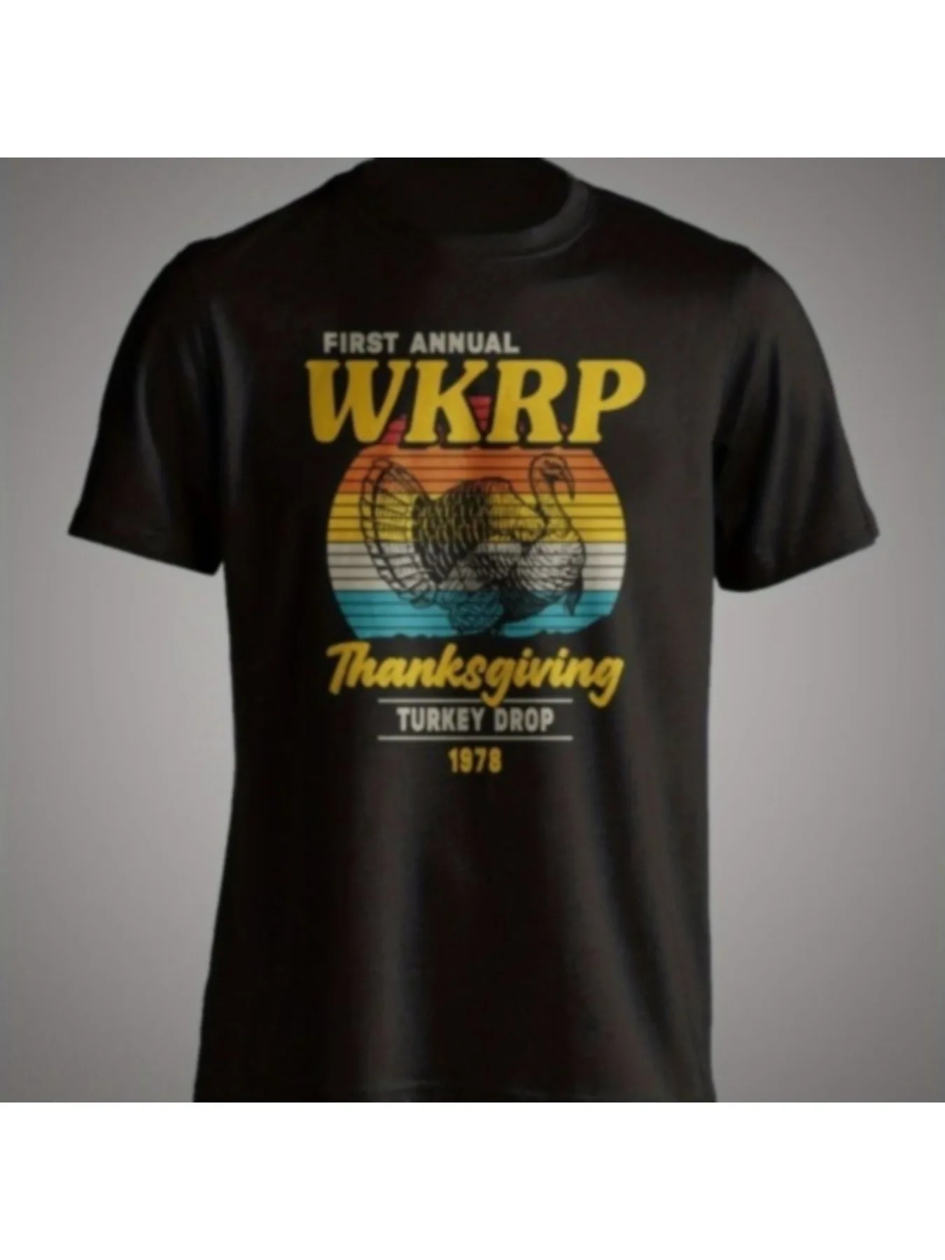 

WKRP Thanksgiving Turkey Drop T-Shirt - 100% Cotton, Black Retro TV Humor Tee