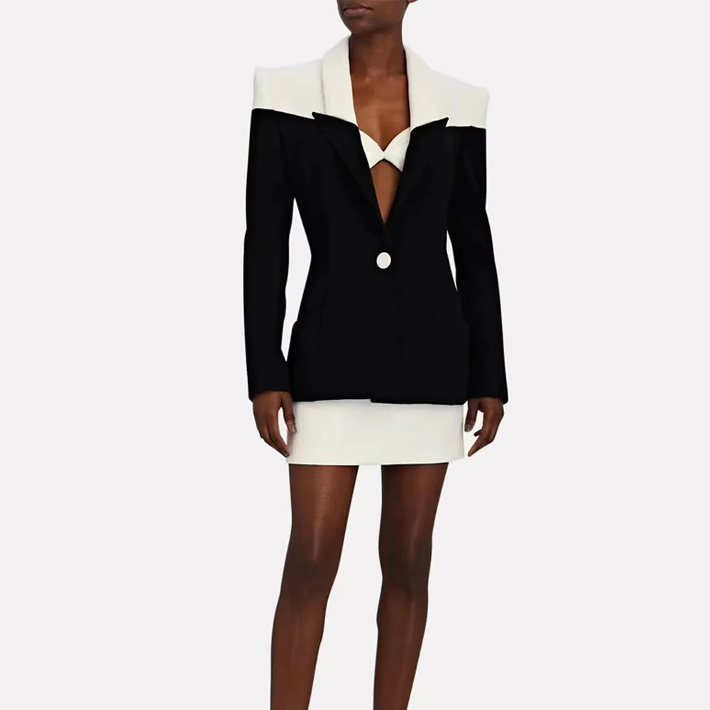 

New black and white splicing color suit + short skirt fashion two-piece commuter OL half skirt suit