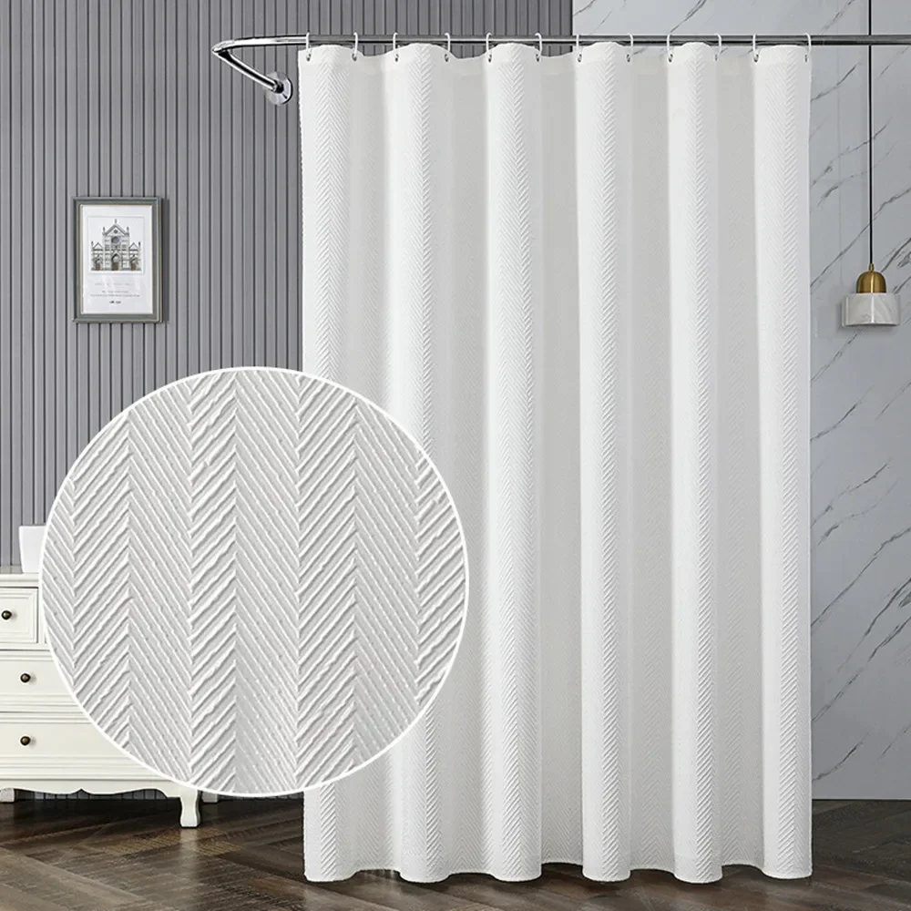 White Fabric Shower Curtain Waterproof With 12 Hooks Geometric Printed Thick Solid Bath Curtains For Bathroom Bedroom Decor