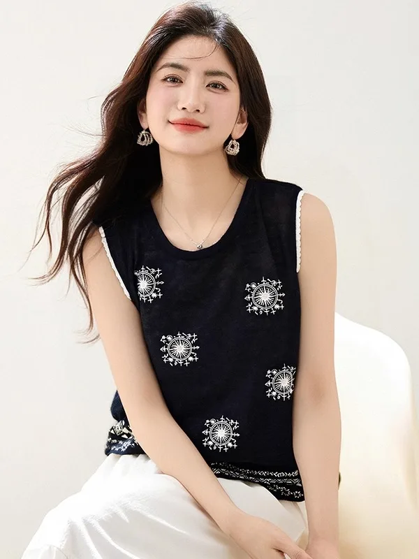 Zwaar borduurwerk rond Ne Svel gebreid vest dames zomer nieuw vintage design Sense Top kleine irt Koreaanse Sle