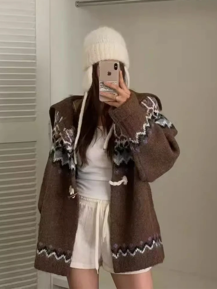 

Chic Autumn New Retro Small ence Large Turn-down Collar Button Color Blo Knitted Sweater Coat Women's Faion Commute L...