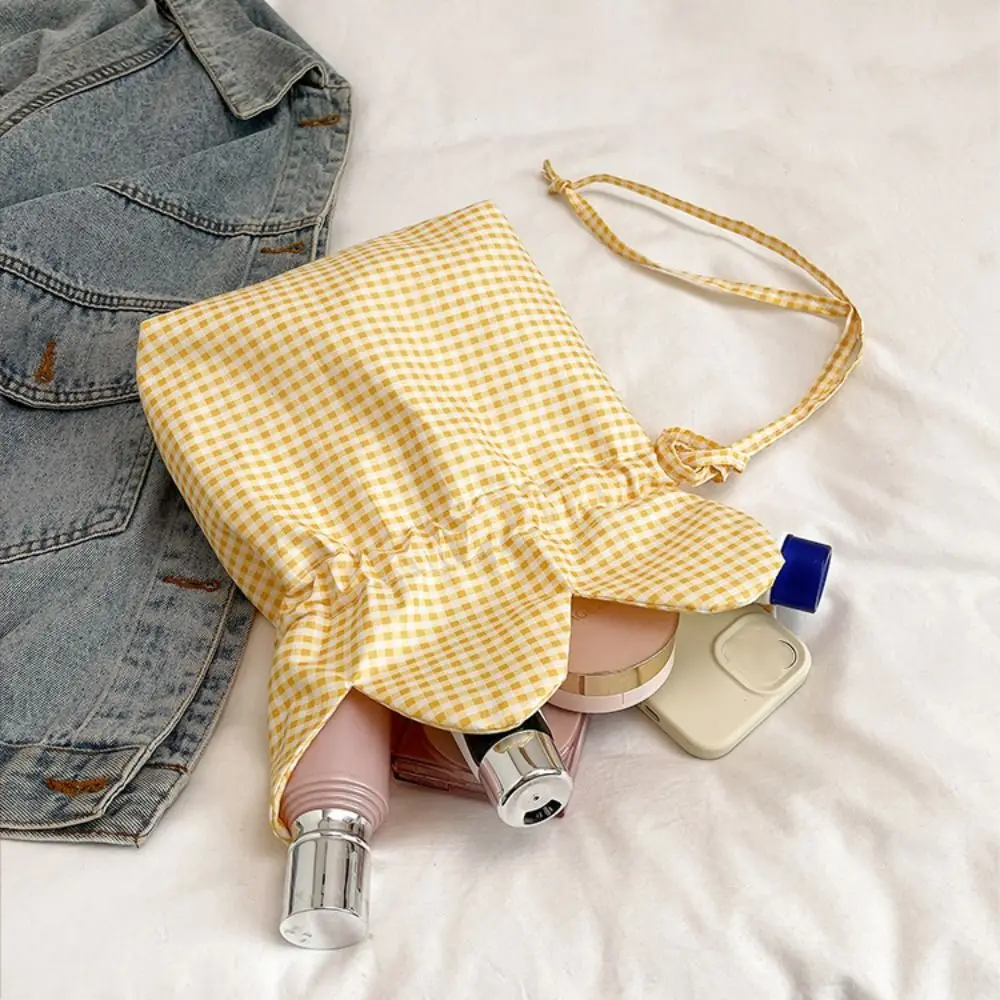 캐주얼 한국 스타일 격자 무늬 Drawstring 가방 인쇄 귀여운 작은 Crossbody 가방 대용량 저장 가방 꽃 핸드백 쇼핑