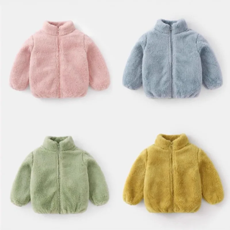 Baby Double Sided Fleece Jacket Spring Autumn Winter Warm Solid Color Versatile Top Inner Outer Wear For Toddler Boys Girls