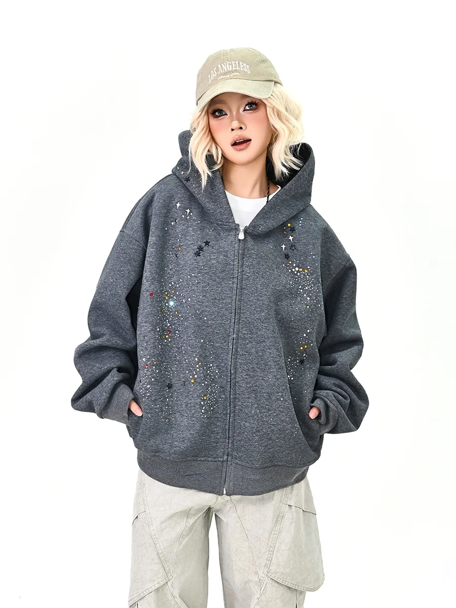 

American Sle Loose Women's Hoodie Cardigan with Rhinestones Spring 2026 New Couple's Jaet Casual Streetwear