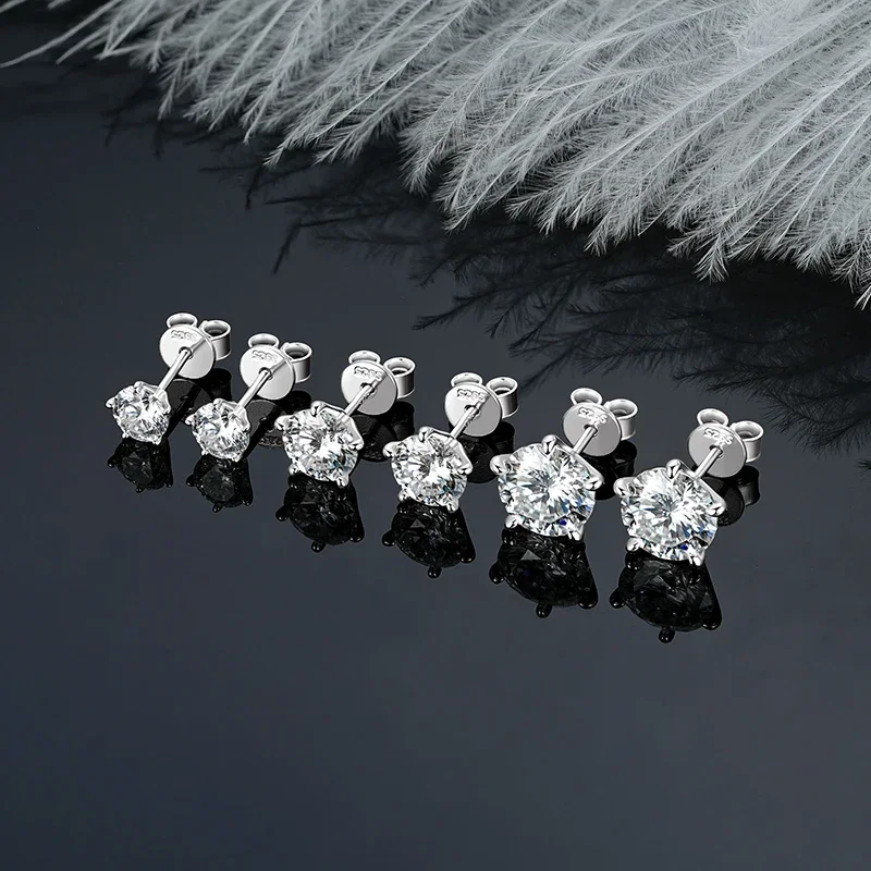 

100% 925 Silver 8mm Sparking Stud Earrings 5mm 6.5mm Moissanite For Women Men White Gold Plated 5 Claws Push Back Earrings