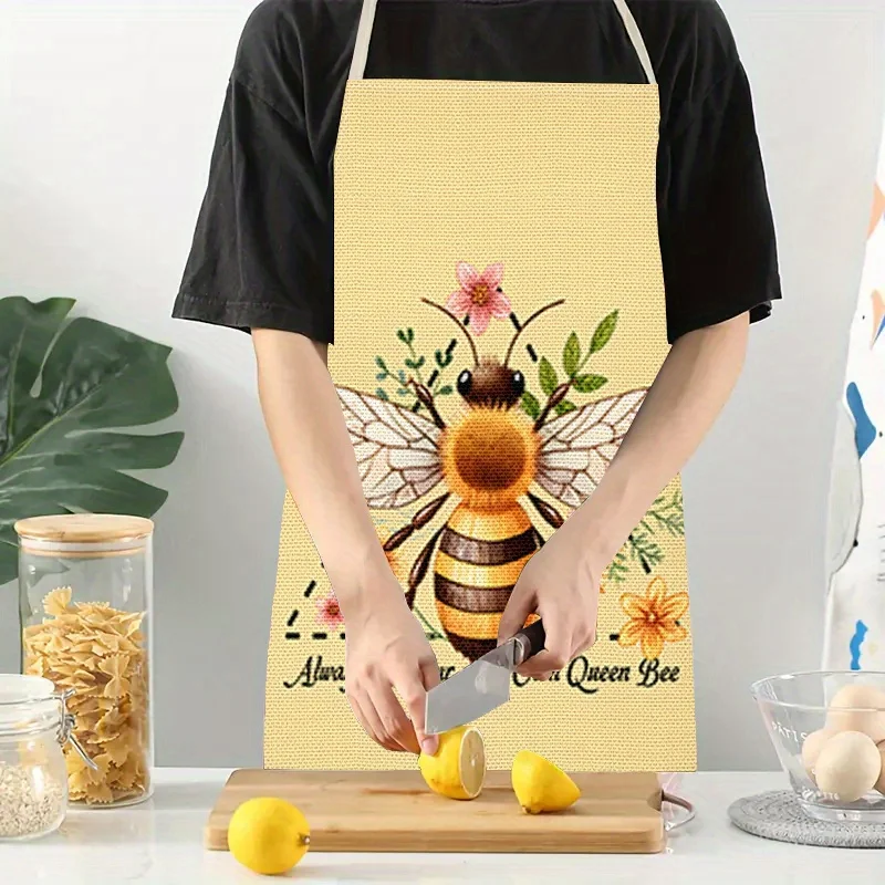 Queen Bee Apron Yellow Kitchen Linen Bib Bee Graphic Gardening Cooking BBQ Gift