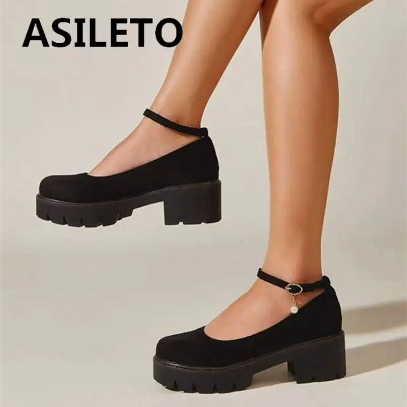 

ASILETO Design Ladies Pumps Round Toe Thick Heels 5.5cm Platform 1.5cm Flock Suede Big Size 40 41 42 Elegant Women Daily Shoes