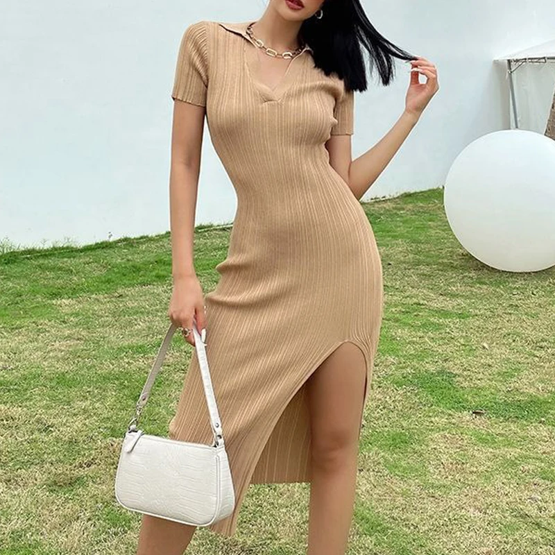 YuooMuoo Chic Fashion Dzianinowa sukienka letnia z rozcięciem w prążki Koreańska sukienka polo Slim Elastyczna sukienka damska Streetwear Lady Vestidos
