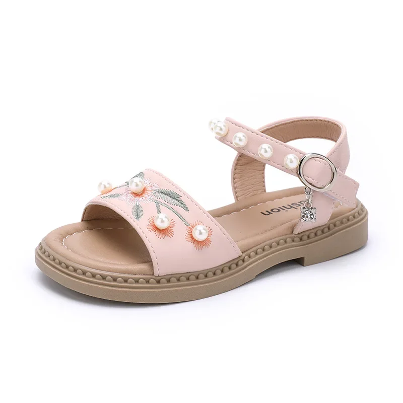 

Girls Hanfu Sandals Fashion Embroider Flower Children Causal Princess Dress Sandals Summer Kids Chic Pearl Wedding Flat Sandals