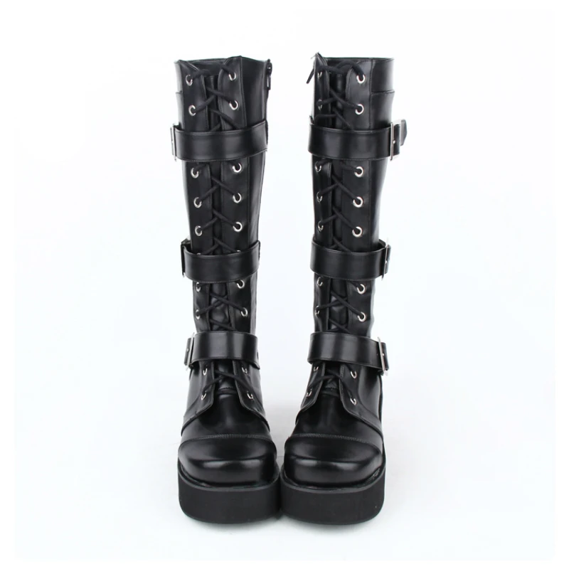 

Сапоги до колена в стиле Лолиты на массивном каблуке для девочек в стиле панк, аниме, косплей, сексуальные японские черные женские ботинки на платформе со шнуровкой и 3 пряжками в готическом стиле