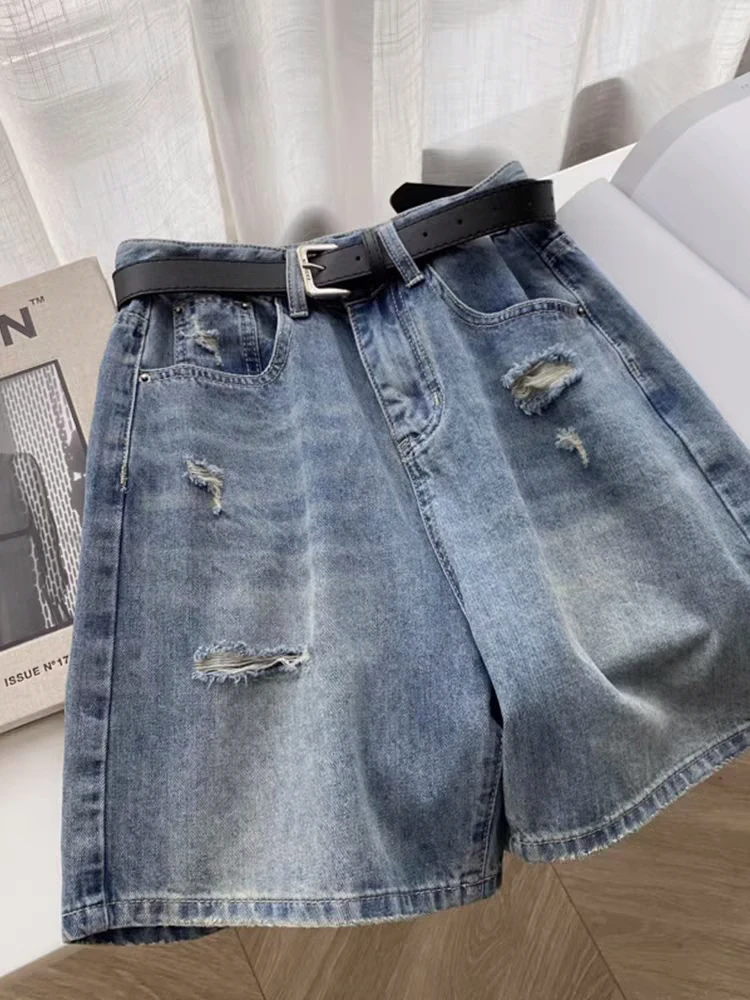 Fashion Holes Denim Shorts 2024 New Women's Summer   A-line Wide Legs Versatile Loose Large Size Retro Jeans Short S-3XL