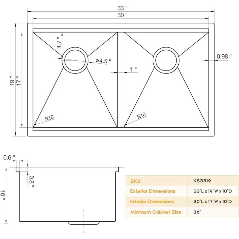 언더마운트 주방 싱크대 Workstation-33x19, 워크스테이션 싱크대, 더블 볼 대야, 33 인치