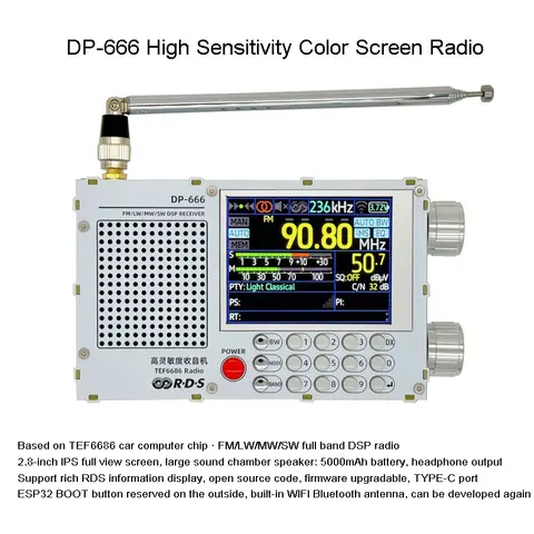 TEF6686 DSP Radio DP-666 High Sensitivity Full Band FM AM FM Shortwave 2.8-inch 320x240 Resolution 3.7V/5000mAh