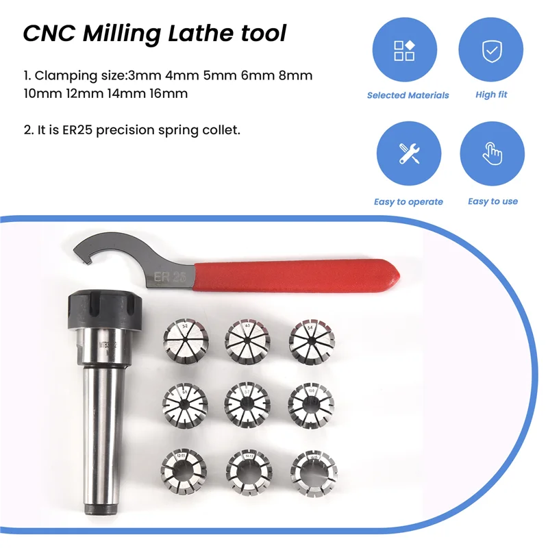 ABUN-9Pcs Er25 Spring Collets+1Pcs Mt3 M12 Er25 Collet Chuck Morse Taper Holder For Cnc Milling Lathe Tool