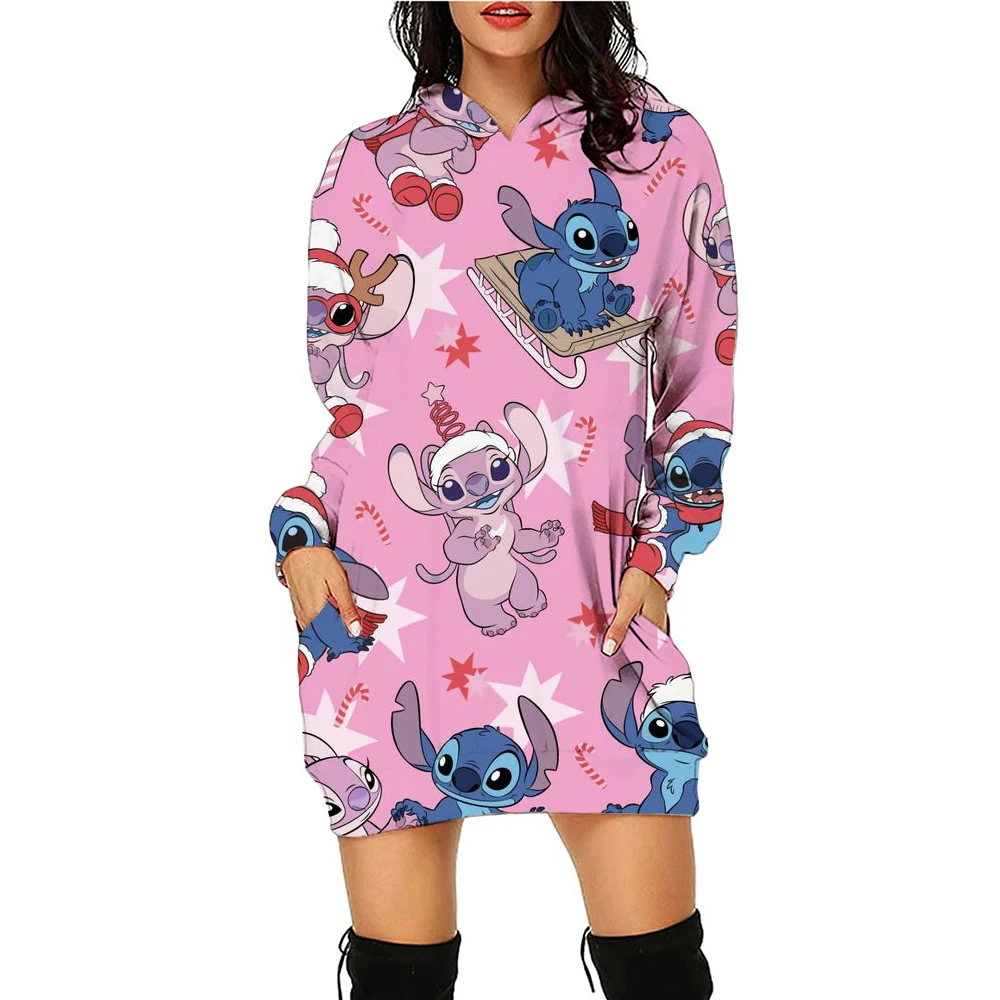 Disney Stitch Kawaii Women\'s Hoodies Dress Pullovers Streetwear 2024 Y2k Christmas Print Hoodie New S-3XL High Quality Lovely