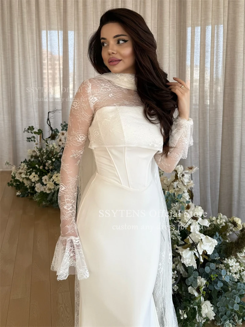 SSYTENS Maßgeschneiderte lange Meerjungfrau-Brautkleider, Saudi-Arabien, trägerlos, 2-in-1, einfache Brautkleider, Spitze, volle Ärmel, Brautkleid