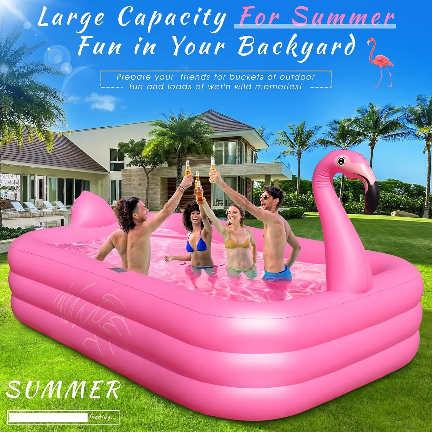 Inflatable Pool with Lights, 2024 Solar Flamingo Swimming Pool for Kids,Adults Inflatable Blow up Pool, Large Kiddie Pool, Durab