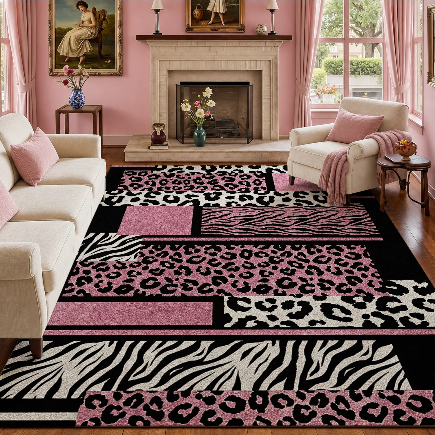 Large Indoor Area Rug, Soft Velvet Low Pile with Non-slip Dotted Backing, Machine Washable Pink Black Leopard Zebra Geometric Rug for Living Room Bedroom