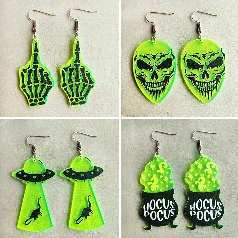 Pendientes fluorescentes de Halloween para mujer, aretes de acrílico de Horror, Araña, Cráneo, alienígena, OVNI, horno de bruja, pendientes fluorescentes