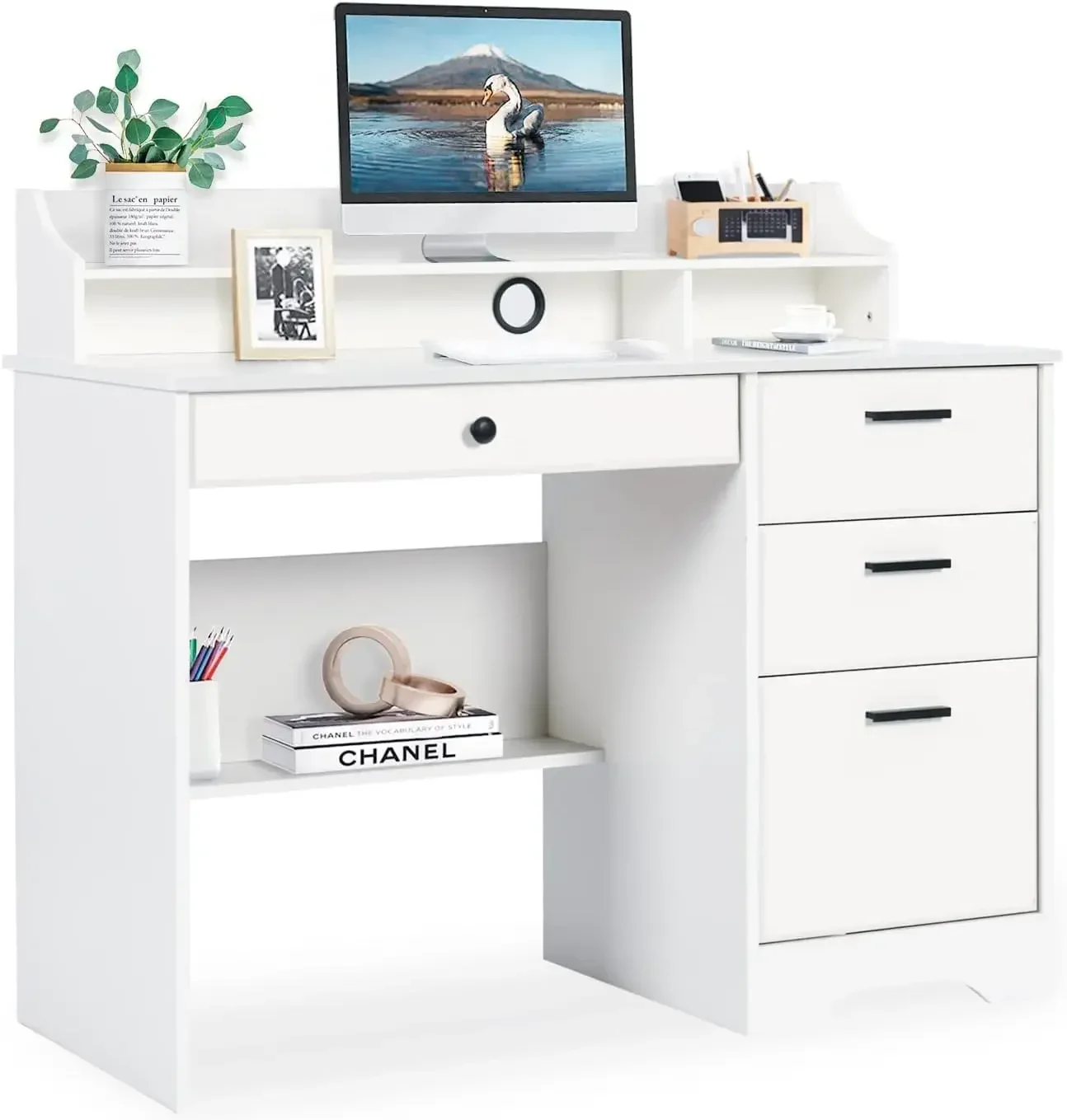 White Desk with Drawers and Storage, Home Office Desk Computer Desk with 4 Drawers & Hutch, Home Desk, Home Office, White