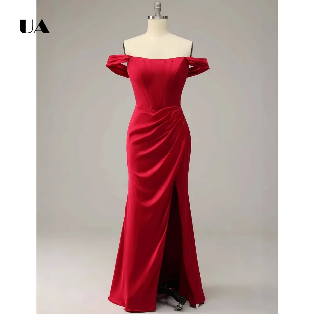 

ULBYANRY Customized Satin Off-the-shoulder Evening Dresses for Women Classic Solid Draped Party Dress, Elegant Lace-up Ball Gown