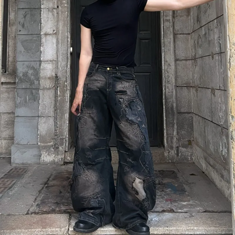 

Niche Designer Style Distressed Stitching Beggar Water Washed Hole Mopping Machete Wide Leg Jeans