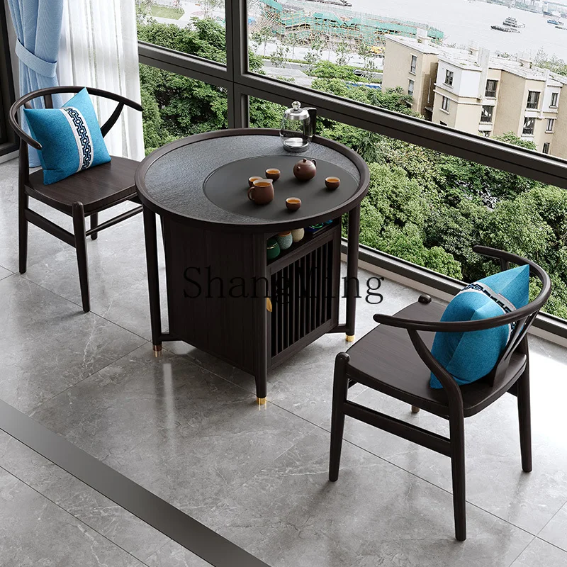 

CL Balcony Solid Wood Coffee Table New Round High-End Small Household Mobile New Chinese Style Tea Table and Chair Set