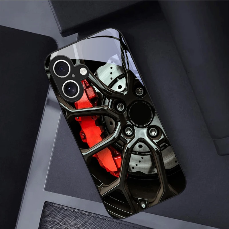 Coque de téléphone en verre noir avec motif étrier de frein rouge pour iPhone 16 Pro 17 Pro Max 11 12 mini 13 14 XR X Max 16E 7 8 5 6 Air Back Cover