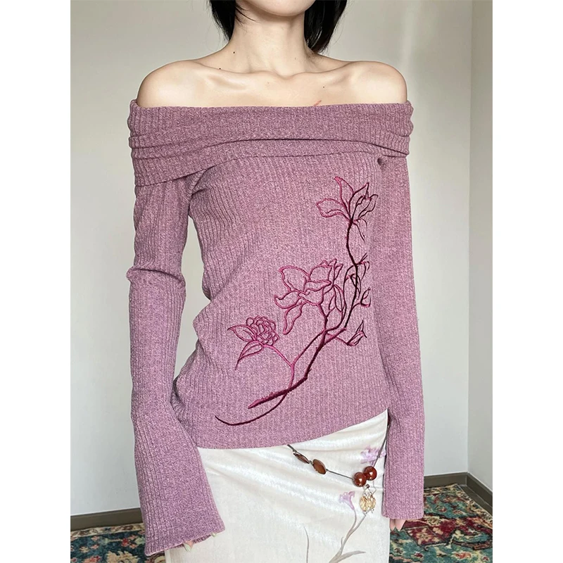 سترة نسائية كلاسيكية مكشوفة الأكتاف بلوفرات هاراجوكو محبوكة بالزهور أنيقة مضيئة بأكمام طويلة ملابس تريكو شتوية كورية