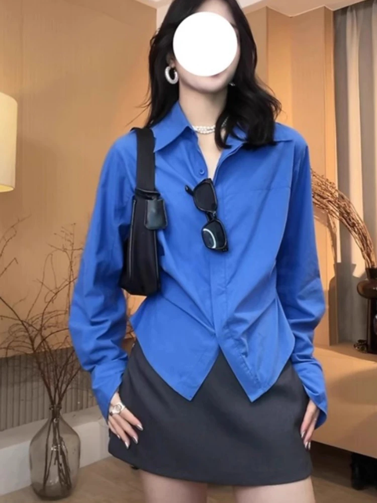 

Korean Fashion Shirts Solid Color Long Sleeve Forked All Match Elegant Blouses Slim Simple Crop Tops 2025 Spring Women Clothing