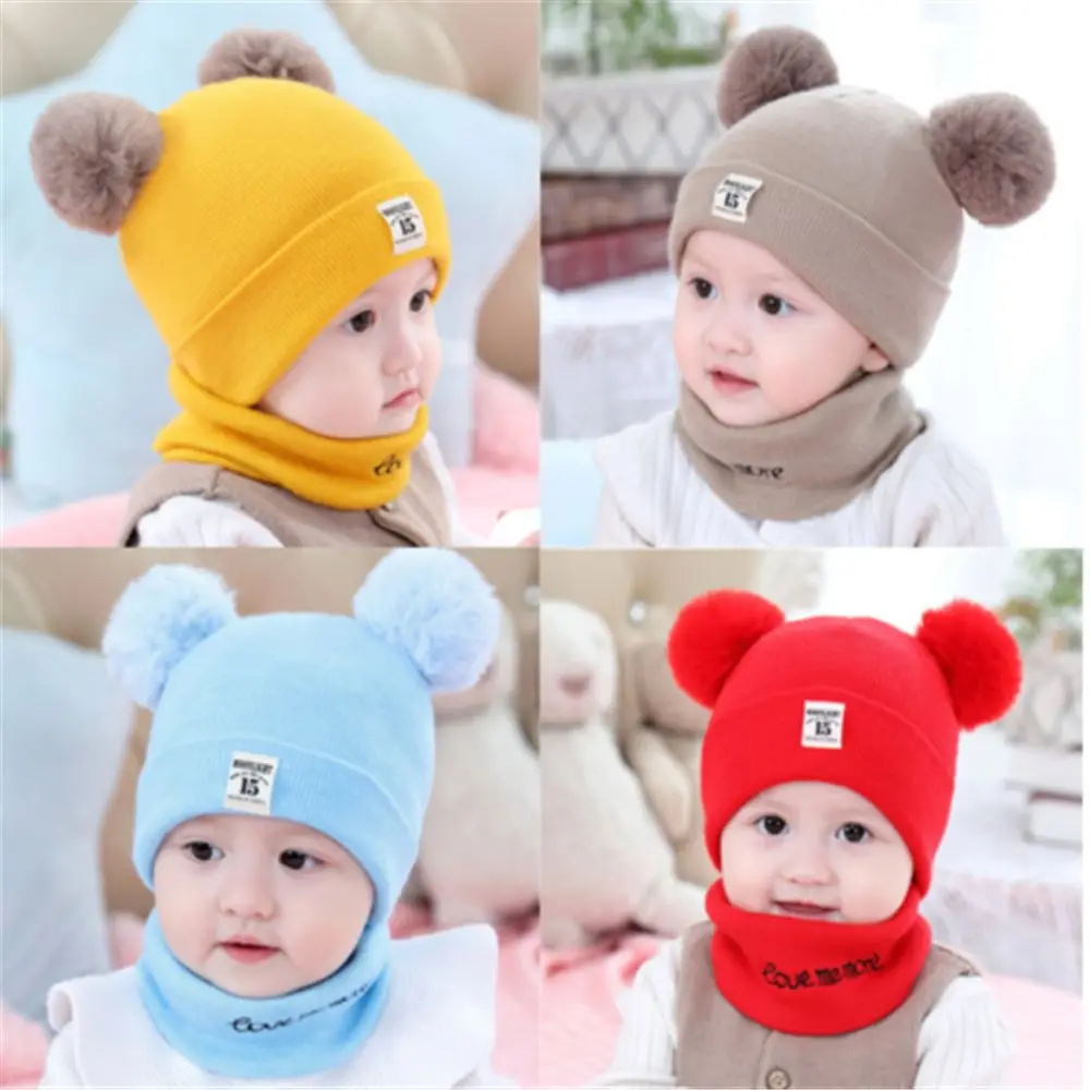 Winter Pom Windproof Baby Beanie Cap Warm Hat Scarf Set Kids Knitted Hat For 0-24 Months