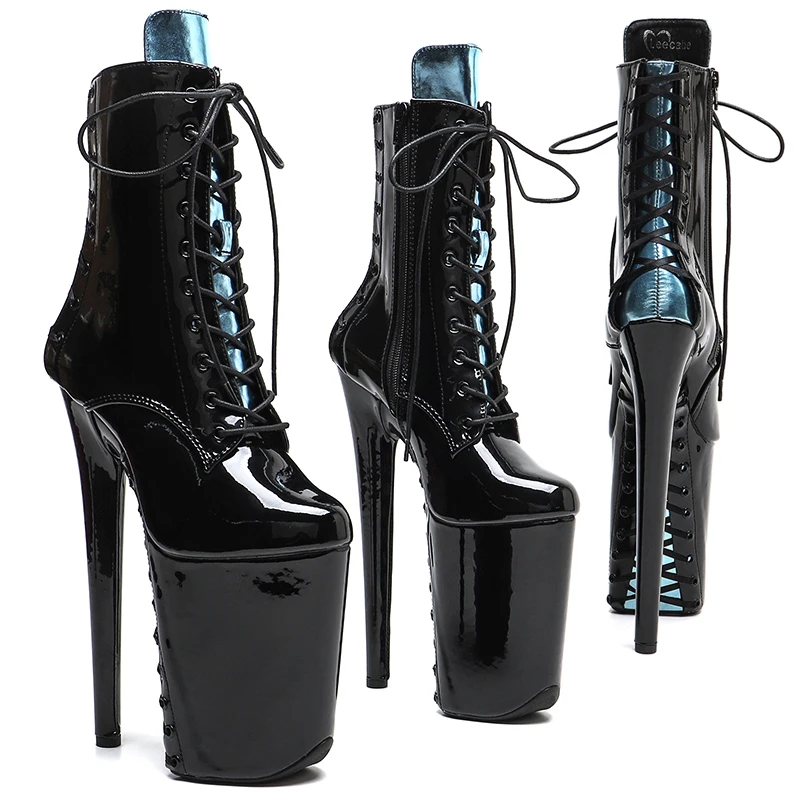 Leecabe 23CM/9inches Patent PU-bovenwerk Trendmode Hoge hakken Platform stripper hak enkel Paaldanslaarzen