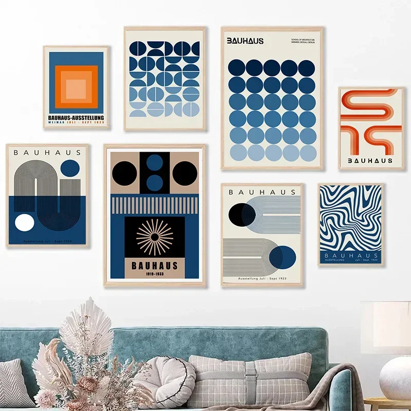 ملصق باوهوس مجردة باللون الأزرق ، خطوط هندسية شمالية لوحة قماشية ، صورة مطبوعة ، فن جداري لغرفة النوم الحديثة ، ديكور المنزل #2