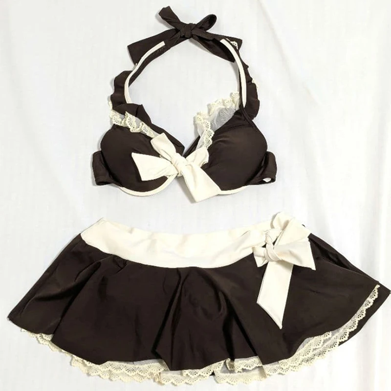 Sweet Cute Retro Women's Halter Bikini Set Solid Color Patchwork Lace Split Bathing Suit Skirt Summer Casual Two Piece Swimsuit