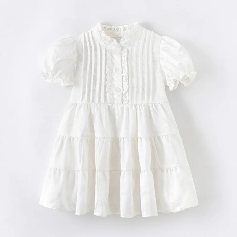 2026 Summer New 3 4 5 6 8 10 12 Years Children Lantern Short Sleeve Solid Color Cotton Ball Gown Princess Kids Baby Girl Dress