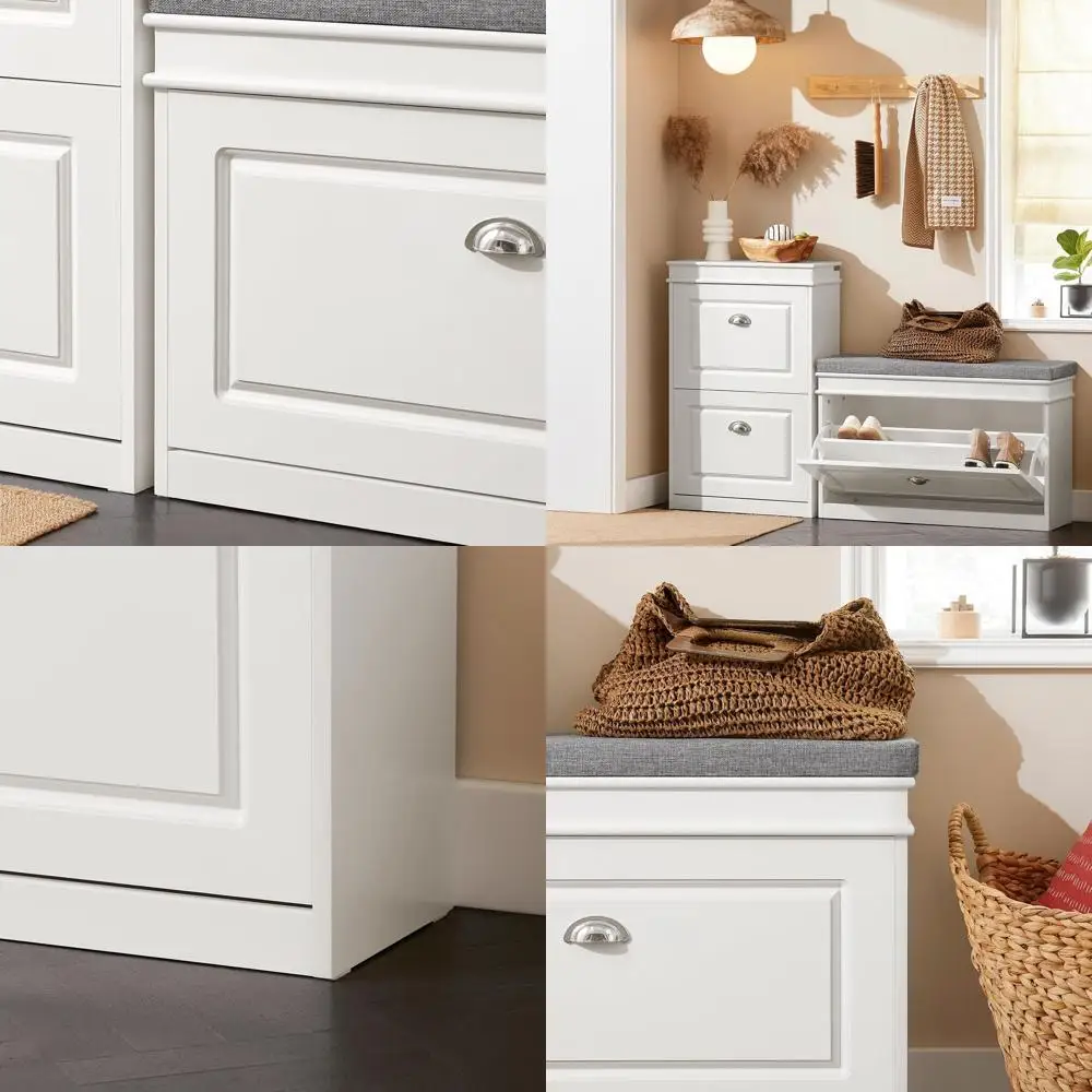 

White Shoe Storage Bench with Cushion, Narrow Entryway Rack, 2-Tier Flip Drawer Cabinet for Small Spaces, Mudroom Hallway Shoe O