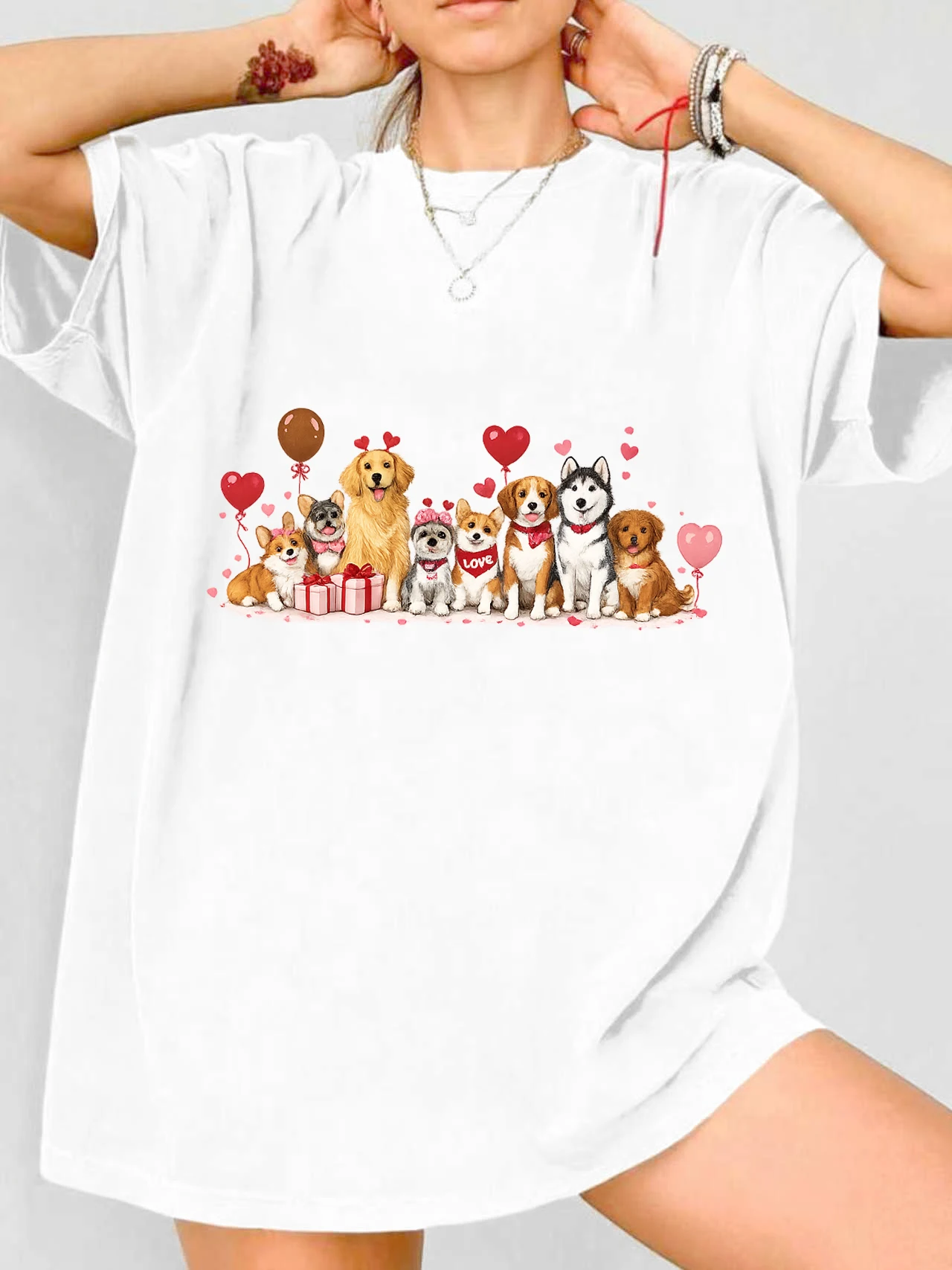 

【WDS03204】Dogs Group Heart Graphic Women's Plus Size Summer Casual Short Sleeve Crew Neck T-Shirt Street Fashion Versatile Top