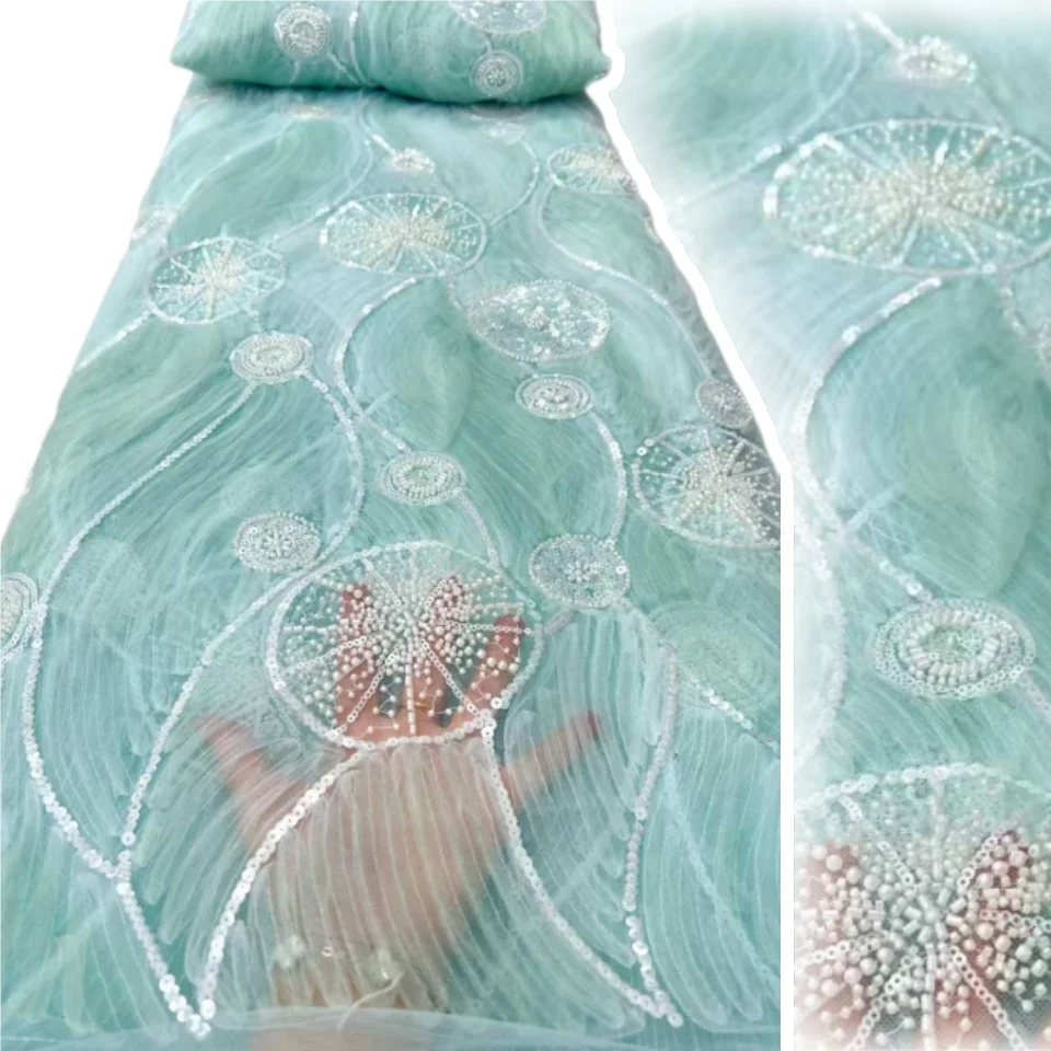 

Горячая африканская синяя кружевная ткань 2025 Высокое качество Французские блестки Вышивка бисером Тюль Кружевная ткань для праздничного платья 5 ярдов AH1397