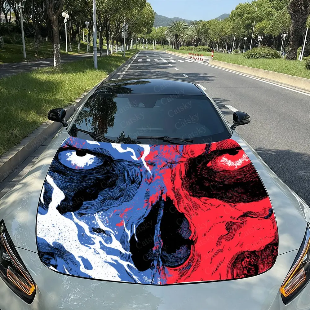 

Blue Red Flame Skull Car Vinyl Wrap - PVC Material,Durable And Stylish Bonnet Decal For Cars, Trucks, And SUVs,Car Stickers For