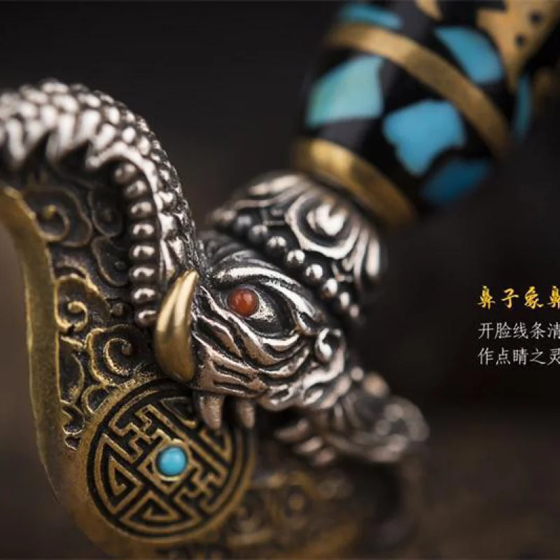 Handcrafted Turquoise Inlaid Vajra Nine-Eyed Dzi Bead Six-Word Mantra Vintage Necklace Jewelry Pendant Silver