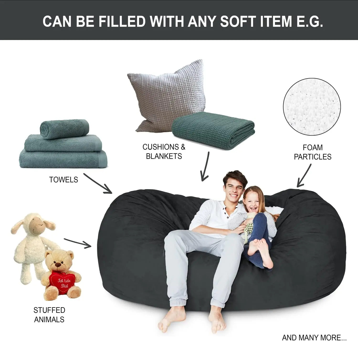 غطاء خارجي فاخر من جلد الغزال الصغير لأكياس الفول قابل للغسل في الغسالة بطول 5 أقدام مع ترصيع في غطاء أسود وترصيع فقط