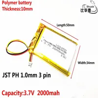 JST PH 1.0mm 3 pin Good Qulity 3.7V lithium battery early 103450 2000mAh headlight GPS navigator general polymer batteries