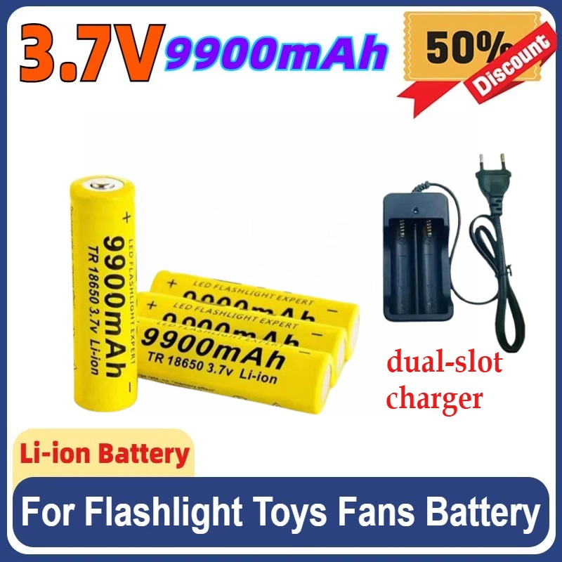 

3.7V 18650 Battery 9900mAh Lithium Rechargeable Battery for Flashlight Toys Fans Battery+charging