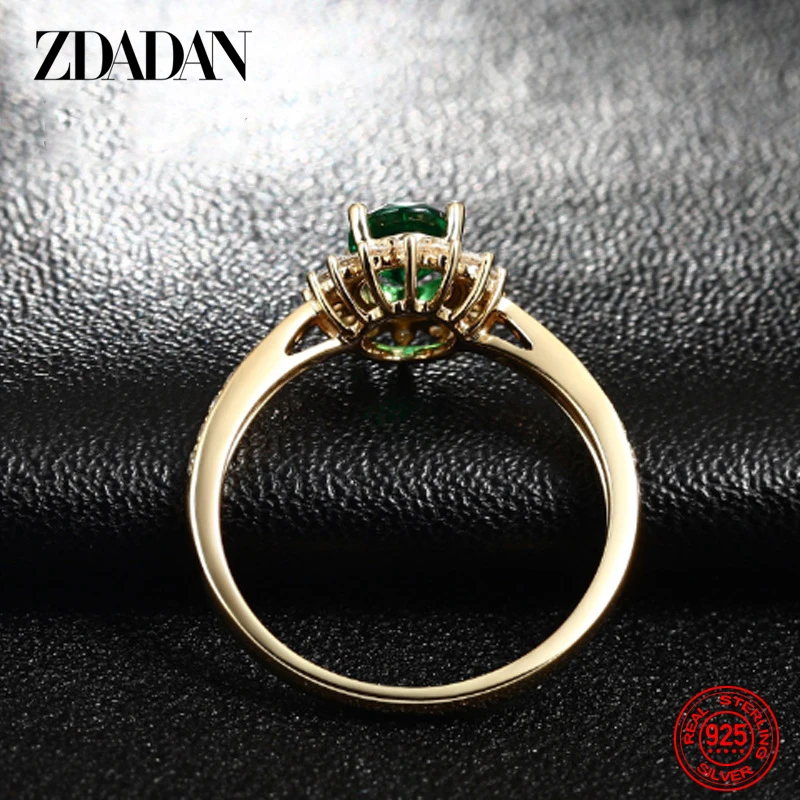 ZDADAN 925 Sterling Silver 18K Gold Emerald Adjustable Ring For Women Girls Fashion Party Jewelry