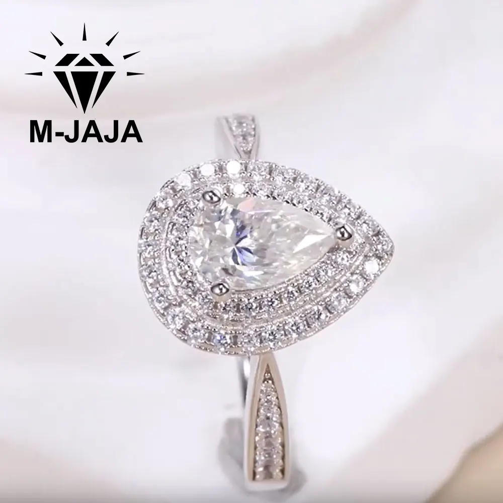 M-JAJA 1CT Pear Cut Moissanite Wedding Band for Women S925 Silver Double Halo Pave Engagement Promise Ring Anniversary Jewelry