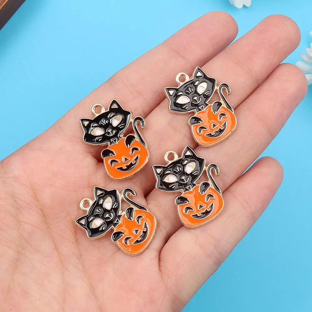 2/8/17pcs Orange and Black Enamel Pumpkin Cat Shaped Pendant, DIY Jewelry Accessories, Halloween, Christmas, Thanksgiving Gifts