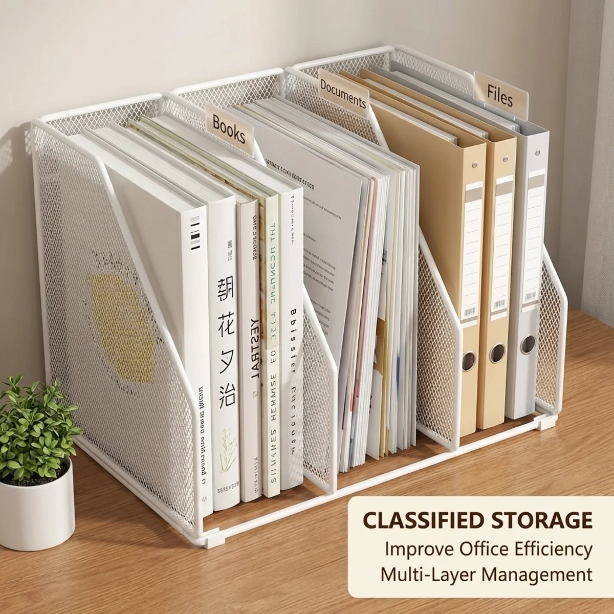 Space-Saving Metal Desktop Organizer Rack, Horizontal Vertical Adjustable File Document Book Holder for Home Office School Use